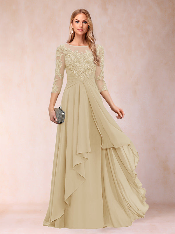 A-Line/Princess Scoop 3/4 Sleeves Chiffon Mother of the Bride Dresses with Appliques & Ruffles