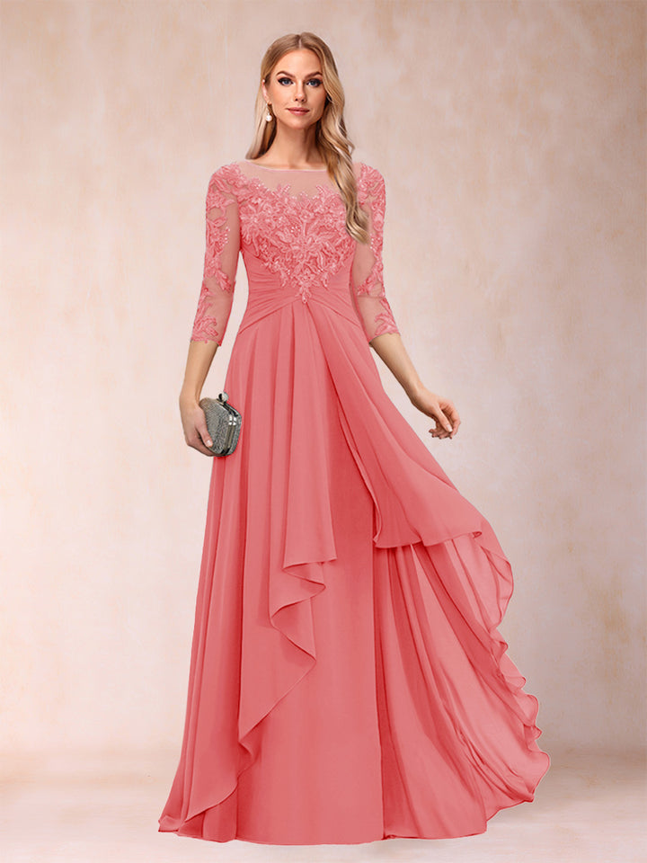A-Line/Princess Scoop 3/4 Sleeves Chiffon Mother of the Bride Dresses with Appliques &amp; Ruffles