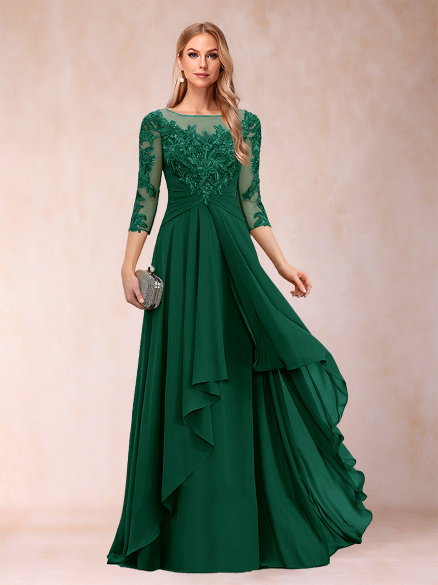 A-Line/Princess Scoop 3/4 Sleeves Chiffon Mother of the Bride Dresses with Appliques &amp; Ruffles