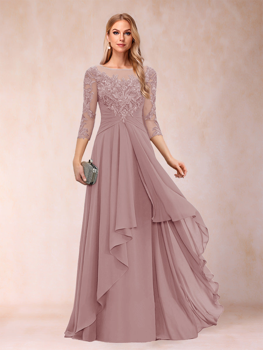A-Line/Princess Scoop 3/4 Sleeves Chiffon Mother of the Bride Dresses with Appliques &amp; Ruffles
