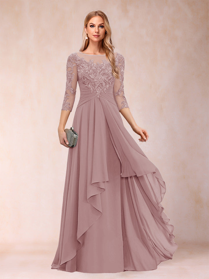 A-Line/Princess Scoop 3/4 Sleeves Chiffon Mother of the Bride Dresses with Appliques &amp; Ruffles