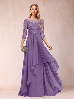 A-Line/Princess Scoop 3/4 Sleeves Chiffon Mother of the Bride Dresses with Appliques & Ruffles
