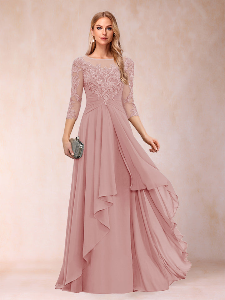 A-Line/Princess Scoop 3/4 Sleeves Chiffon Mother of the Bride Dresses with Appliques &amp; Ruffles