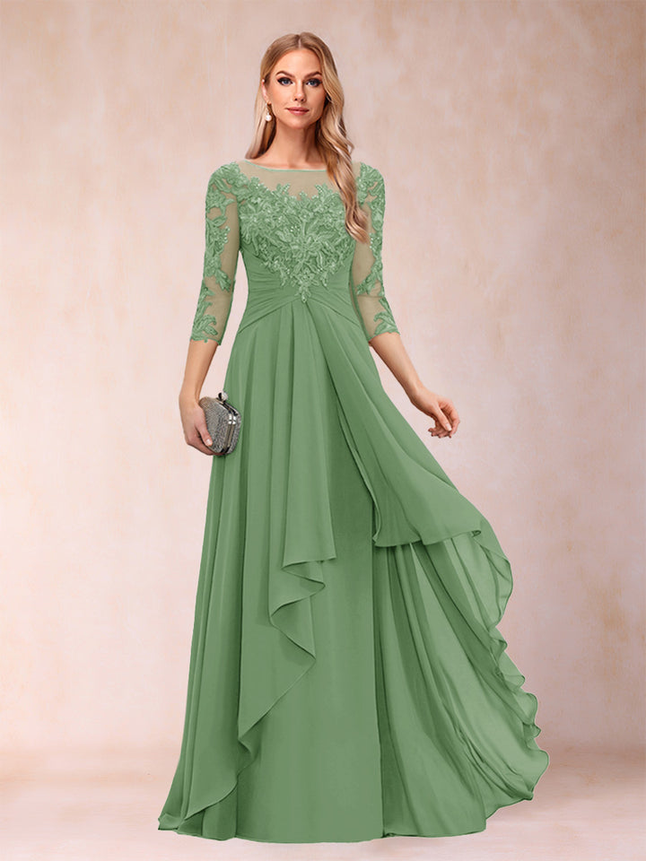 A-Line/Princess Scoop 3/4 Sleeves Chiffon Mother of the Bride Dresses with Appliques &amp; Ruffles