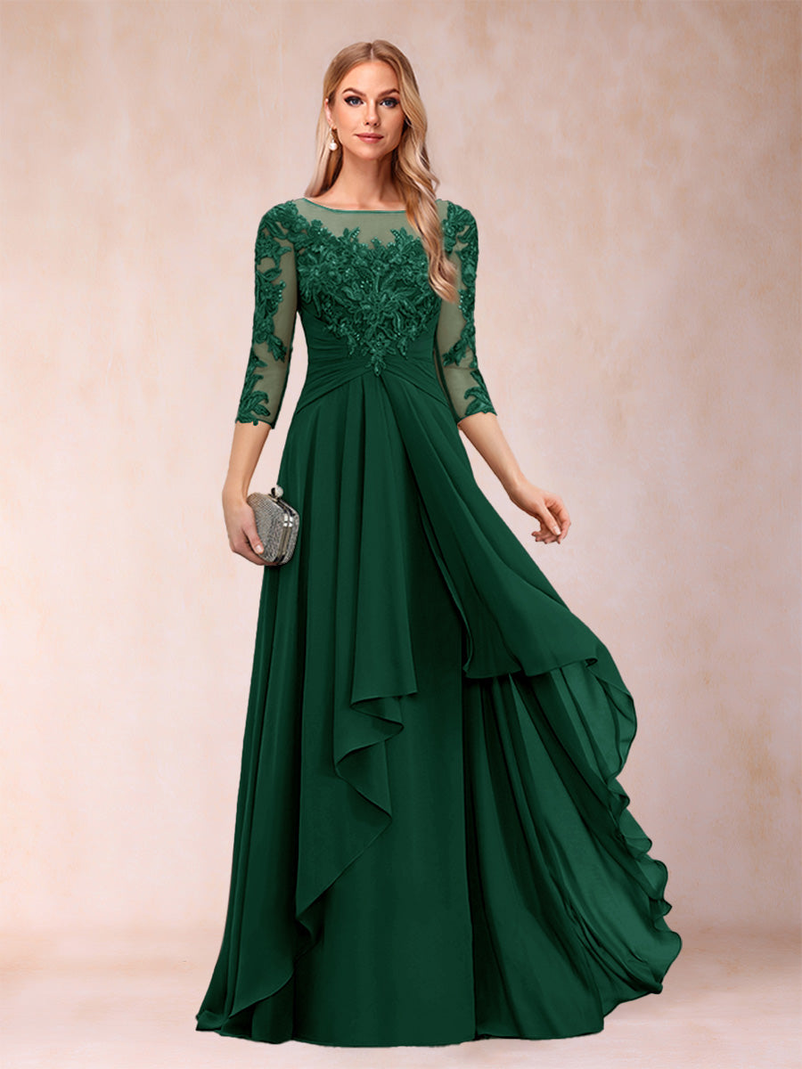 A-Line/Princess Scoop 3/4 Sleeves Chiffon Mother of the Bride Dresses with Appliques &amp; Ruffles