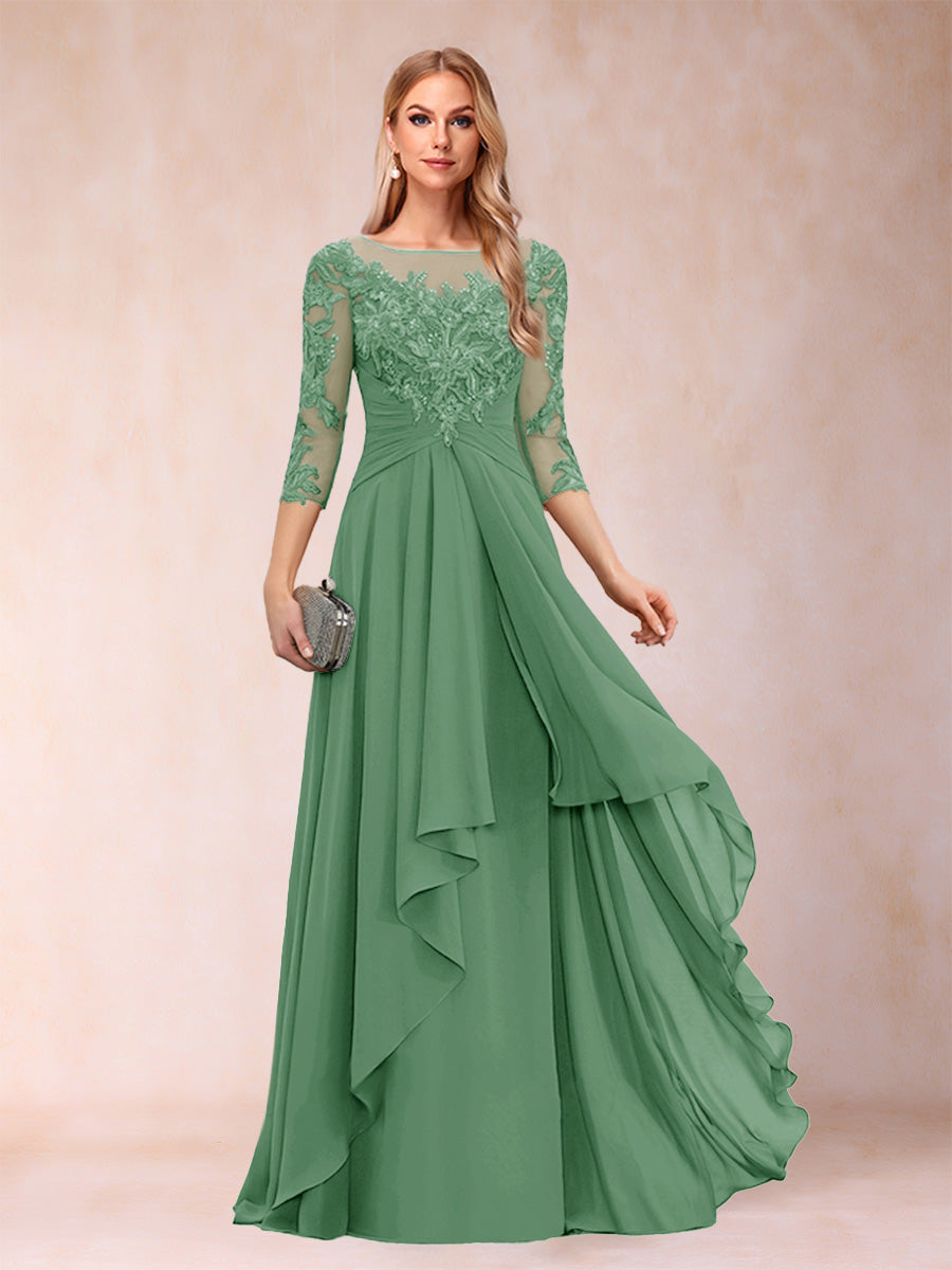 A-Line/Princess Scoop 3/4 Sleeves Chiffon Mother of the Bride Dresses with Appliques &amp; Ruffles