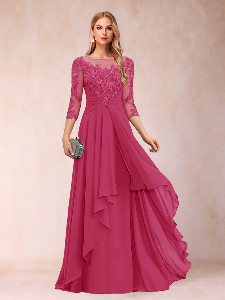 A-Line/Princess Scoop 3/4 Sleeves Chiffon Mother of the Bride Dresses with Appliques &amp; Ruffles