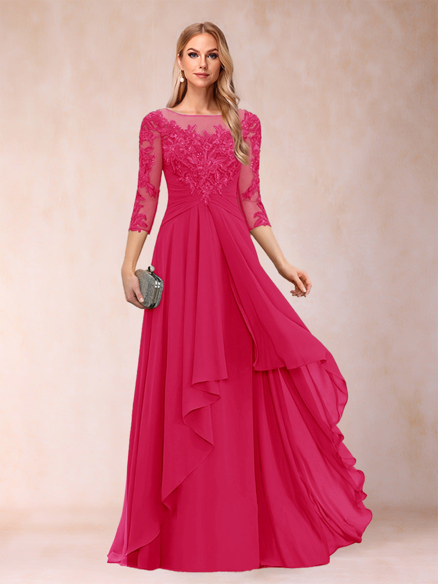 A-Line/Princess Scoop 3/4 Sleeves Chiffon Mother of the Bride Dresses with Appliques &amp; Ruffles