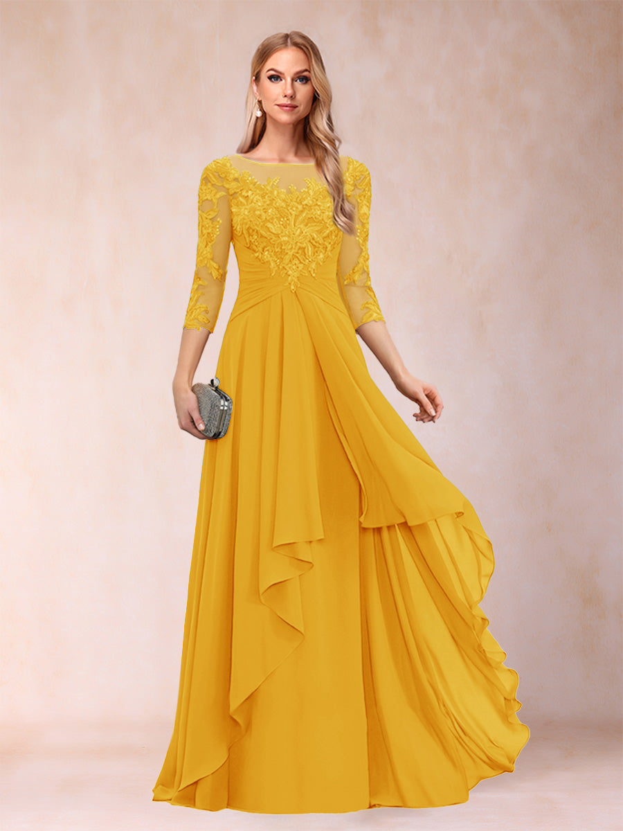 A-Line/Princess Scoop 3/4 Sleeves Chiffon Mother of the Bride Dresses with Appliques &amp; Ruffles