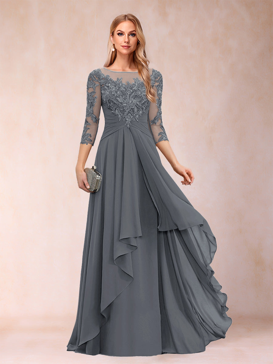 A-Line/Princess Scoop 3/4 Sleeves Chiffon Mother of the Bride Dresses with Appliques &amp; Ruffles