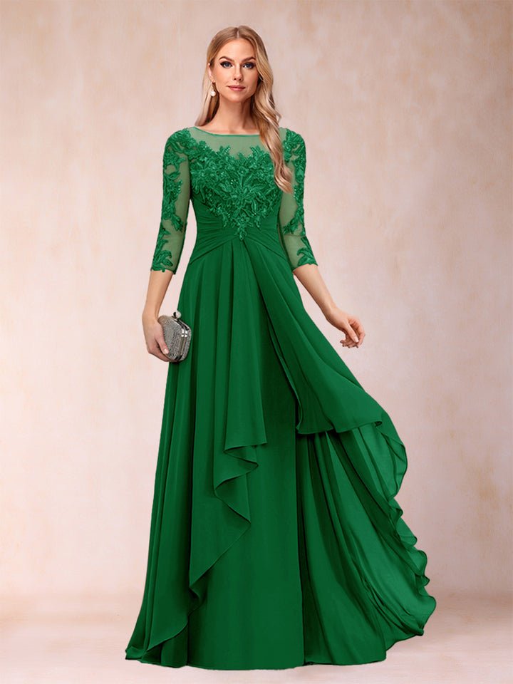 A-Line/Princess Scoop 3/4 Sleeves Chiffon Mother of the Bride Dresses with Appliques &amp; Ruffles