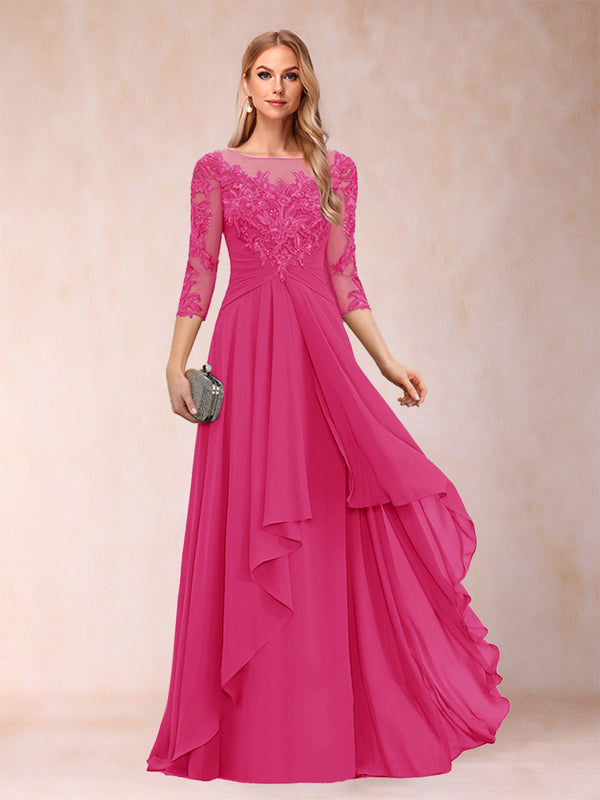 A-Line/Princess Scoop 3/4 Sleeves Chiffon Mother of the Bride Dresses with Appliques & Ruffles