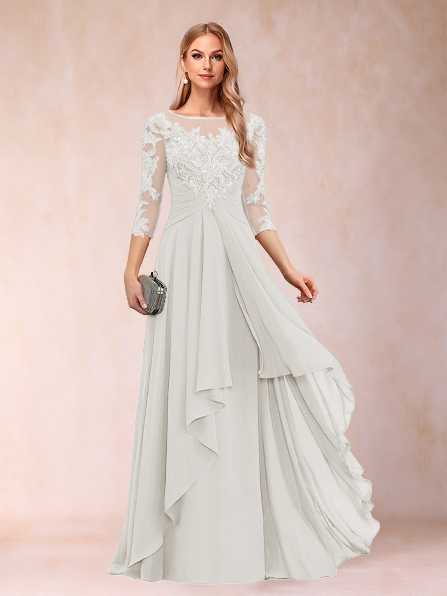 A-Line/Princess Scoop 3/4 Sleeves Chiffon Mother of the Bride Dresses with Appliques &amp; Ruffles