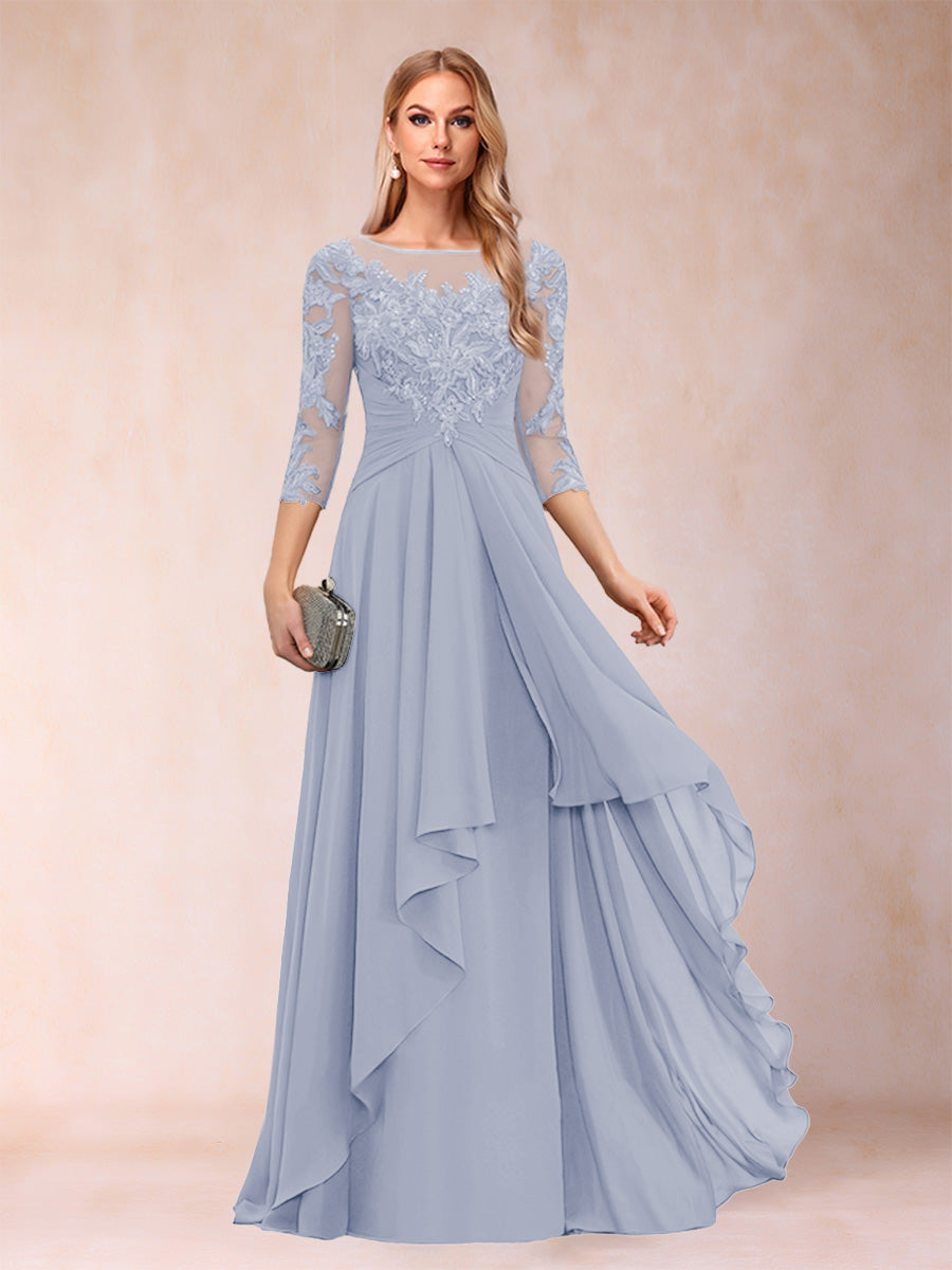 A-Line/Princess Scoop 3/4 Sleeves Chiffon Mother of the Bride Dresses with Appliques &amp; Ruffles