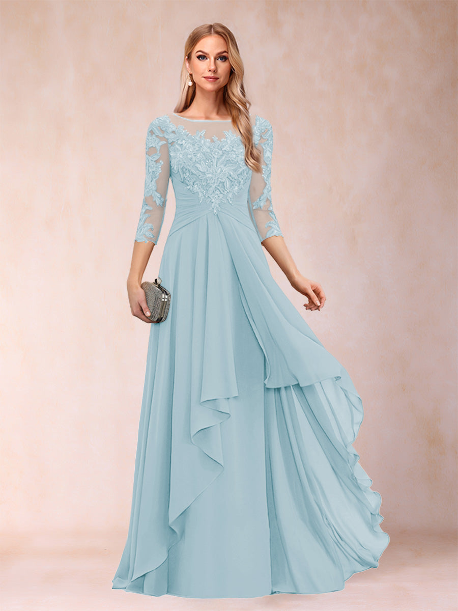 A-Line/Princess Scoop 3/4 Sleeves Chiffon Mother of the Bride Dresses with Appliques &amp; Ruffles