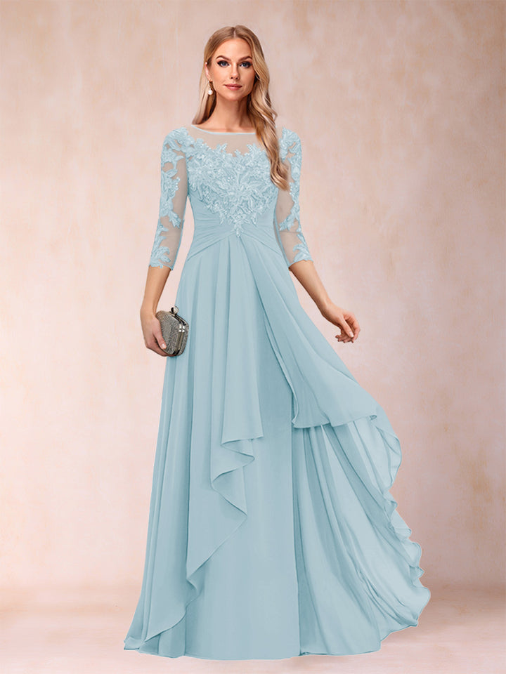 A-Line/Princess Scoop 3/4 Sleeves Chiffon Mother of the Bride Dresses with Appliques &amp; Ruffles