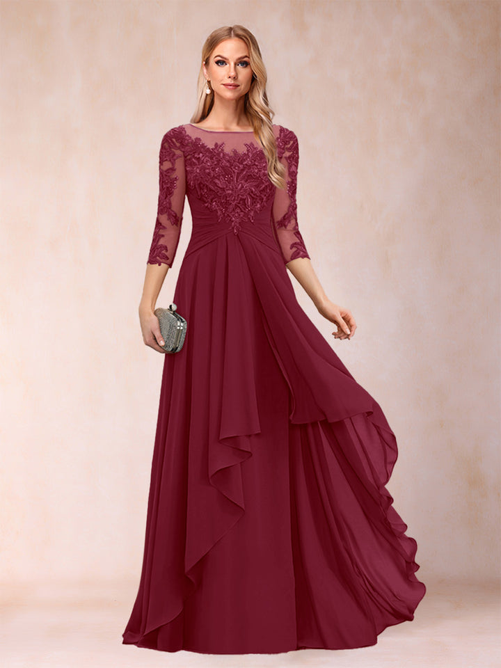 A-Line/Princess Scoop 3/4 Sleeves Chiffon Mother of the Bride Dresses with Appliques &amp; Ruffles