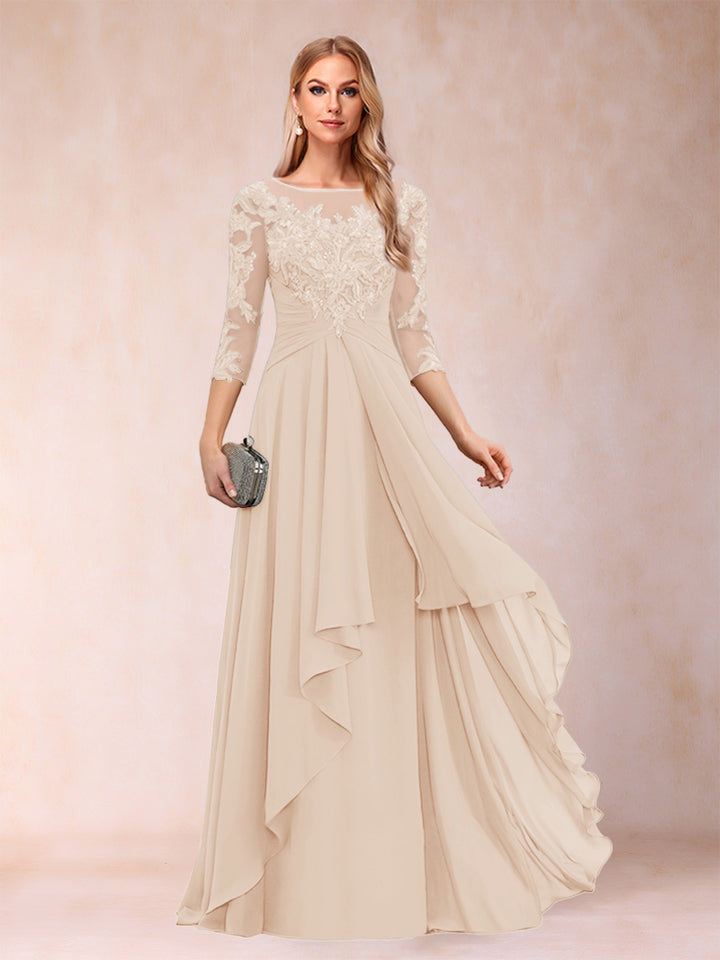 A-Line/Princess Scoop 3/4 Sleeves Chiffon Mother of the Bride Dresses with Appliques &amp; Ruffles