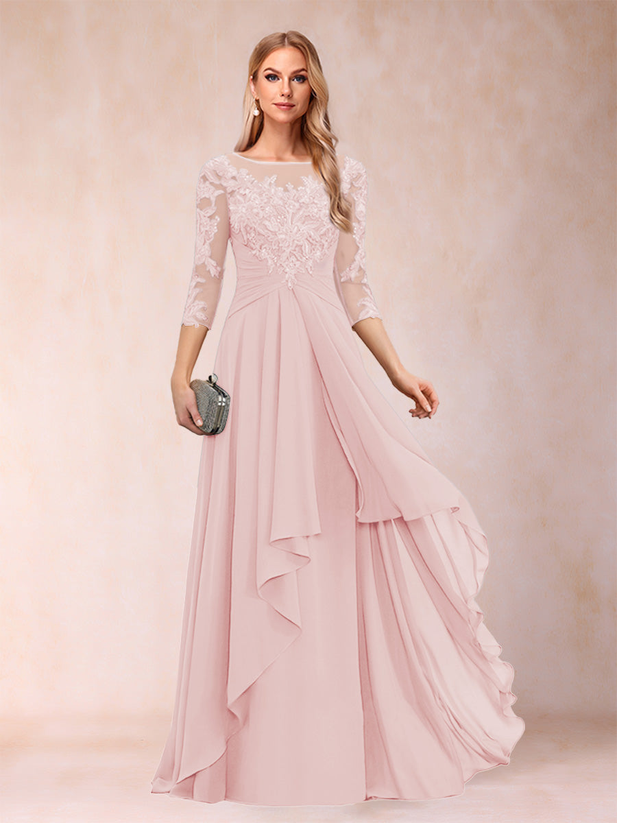 A-Line/Princess Scoop 3/4 Sleeves Chiffon Mother of the Bride Dresses with Appliques &amp; Ruffles