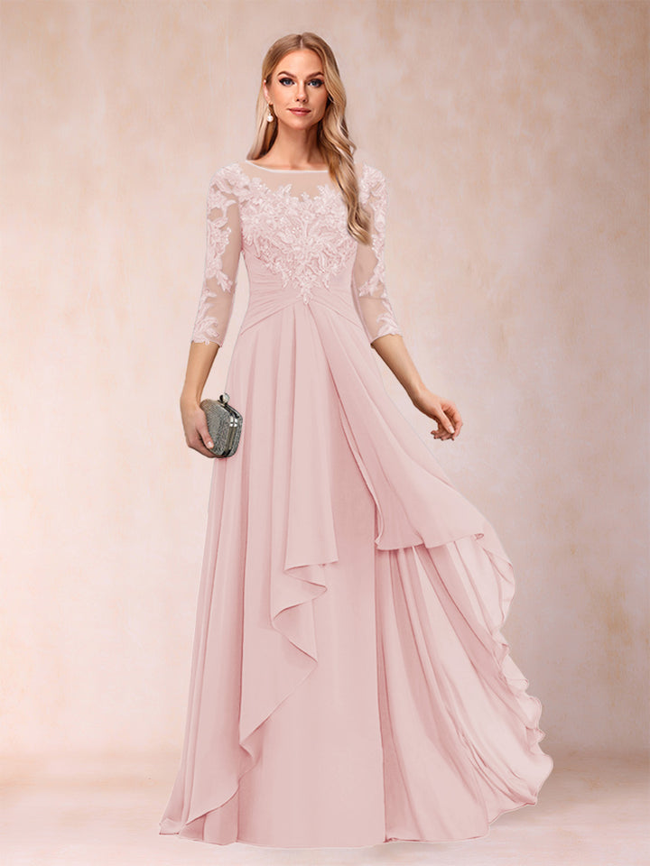 A-Line/Princess Scoop 3/4 Sleeves Chiffon Mother of the Bride Dresses with Appliques &amp; Ruffles