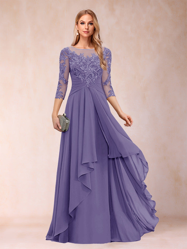 A-Line/Princess Scoop 3/4 Sleeves Chiffon Mother of the Bride Dresses with Appliques &amp; Ruffles