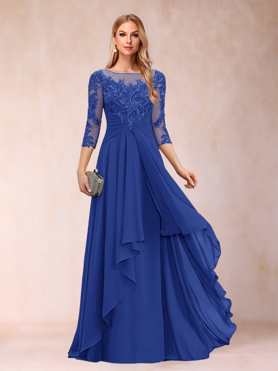 A-Line/Princess Scoop 3/4 Sleeves Chiffon Mother of the Bride Dresses with Appliques &amp; Ruffles