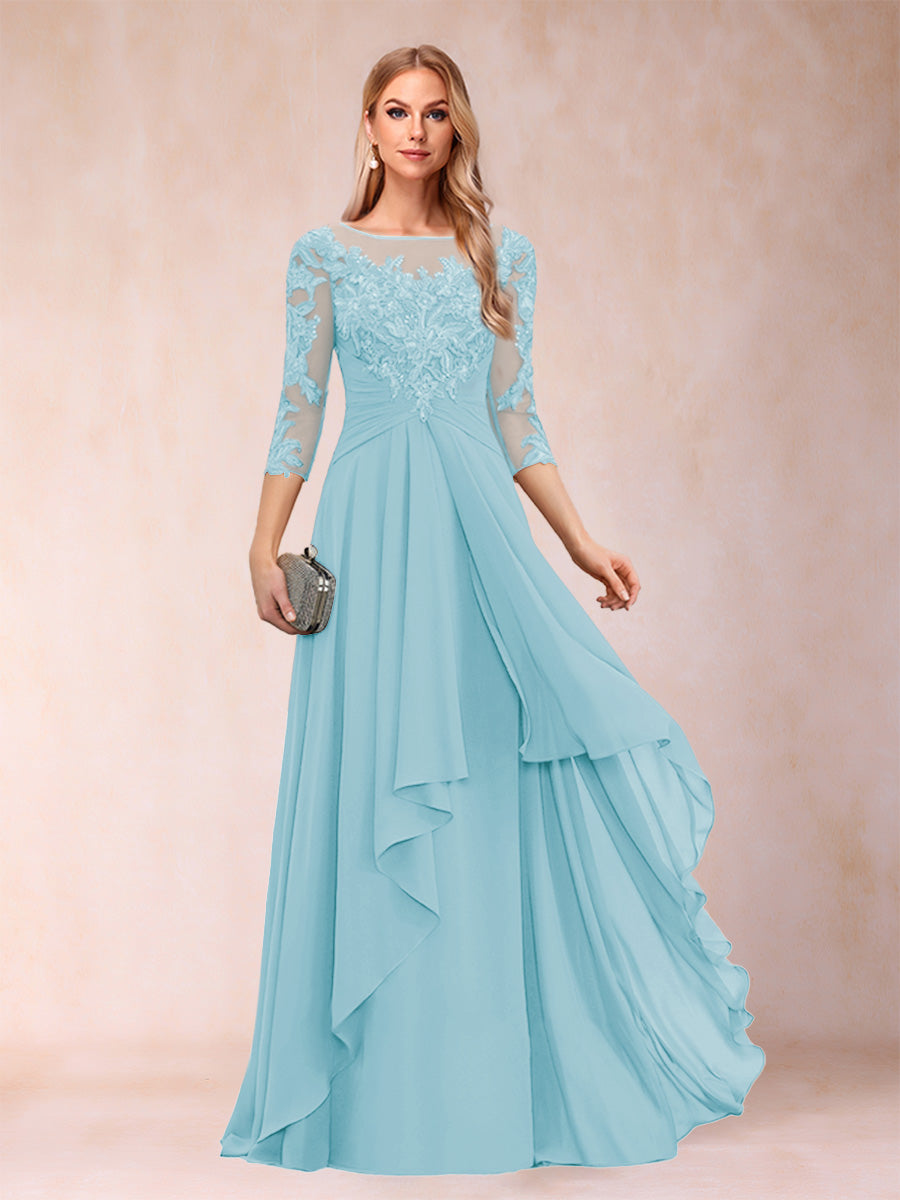 A-Line/Princess Scoop 3/4 Sleeves Chiffon Mother of the Bride Dresses with Appliques &amp; Ruffles