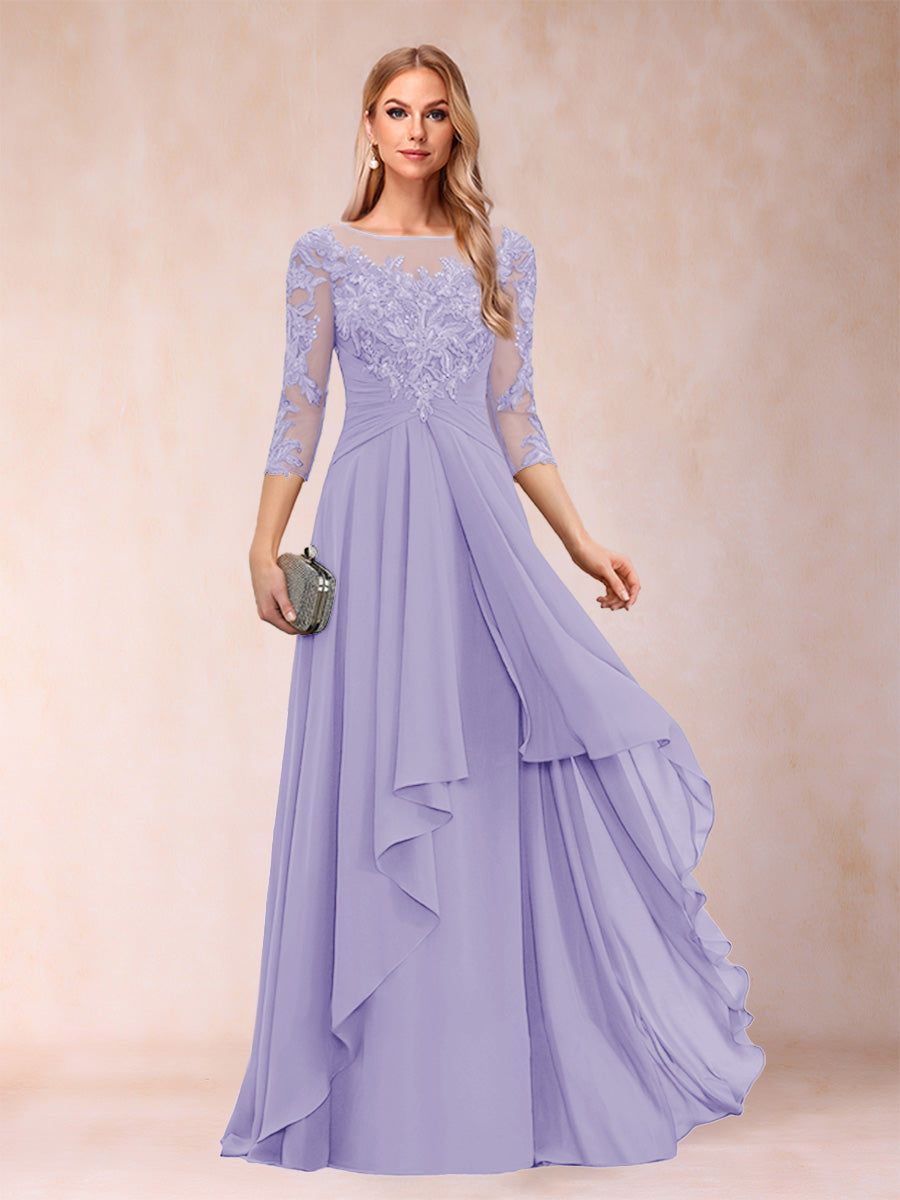 A-Line/Princess Scoop 3/4 Sleeves Chiffon Mother of the Bride Dresses with Appliques &amp; Ruffles