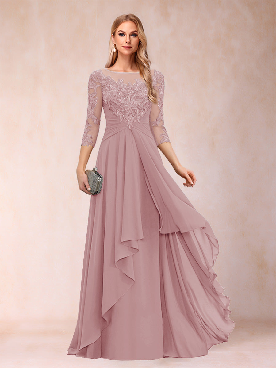 A-Line/Princess Scoop 3/4 Sleeves Chiffon Mother of the Bride Dresses with Appliques &amp; Ruffles