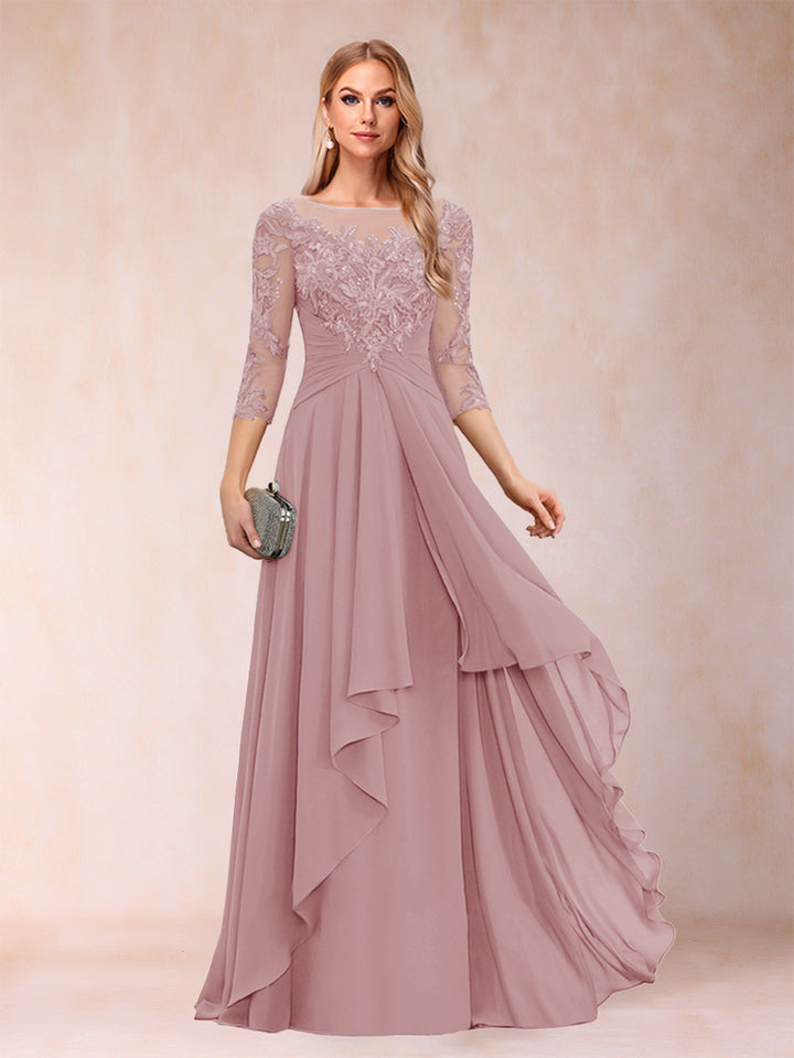 A-Line/Princess Scoop 3/4 Sleeves Chiffon Mother of the Bride Dresses with Appliques &amp; Ruffles