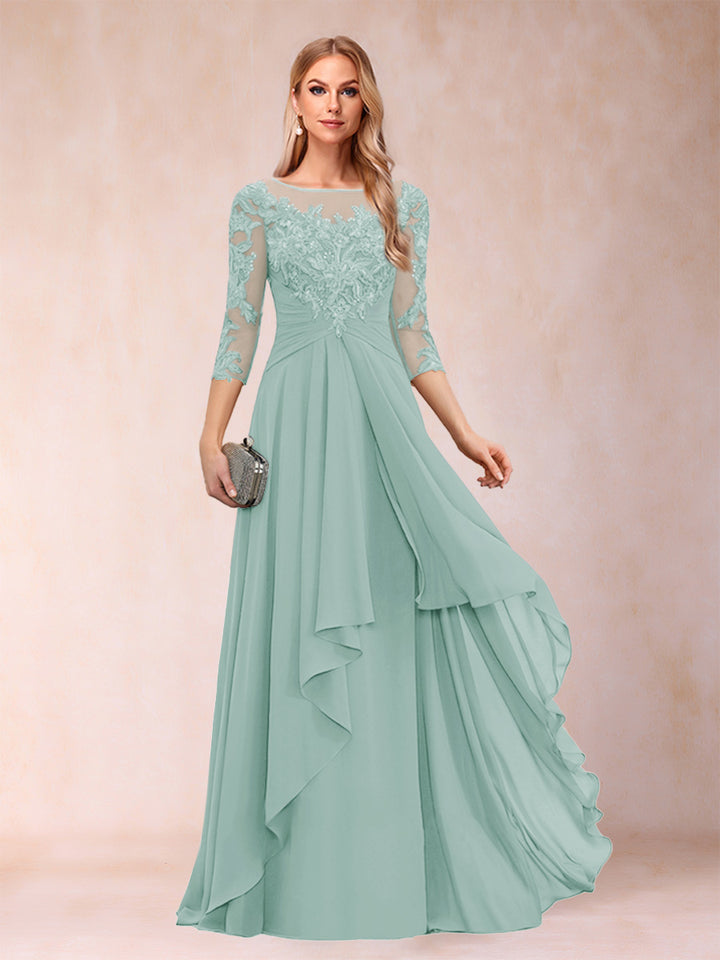 A-Line/Princess Scoop 3/4 Sleeves Chiffon Mother of the Bride Dresses with Appliques &amp; Ruffles