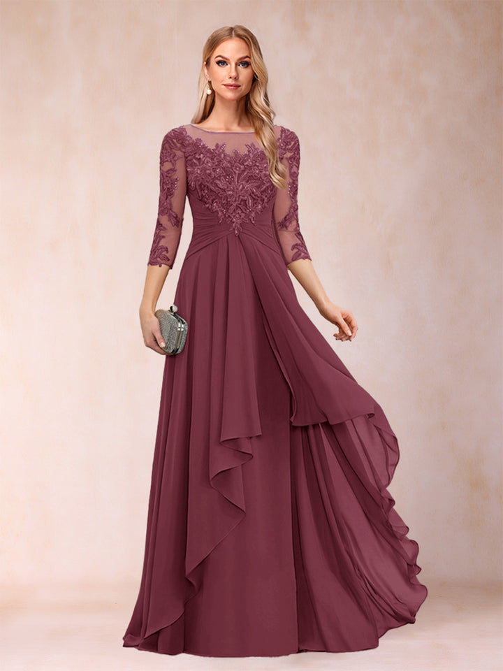 A-Line/Princess Scoop 3/4 Sleeves Chiffon Mother of the Bride Dresses with Appliques &amp; Ruffles
