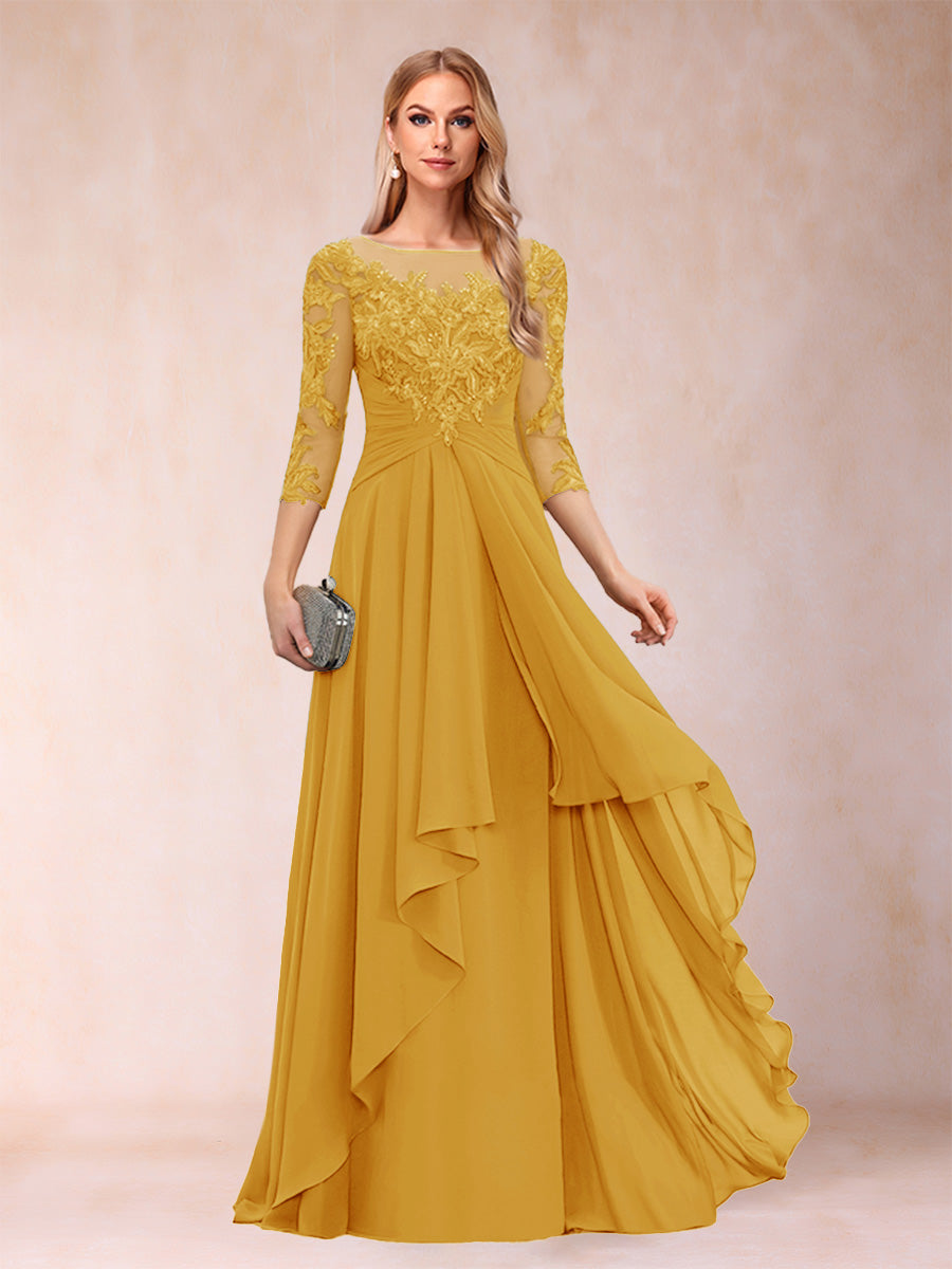 A-Line/Princess Scoop 3/4 Sleeves Chiffon Mother of the Bride Dresses with Appliques &amp; Ruffles