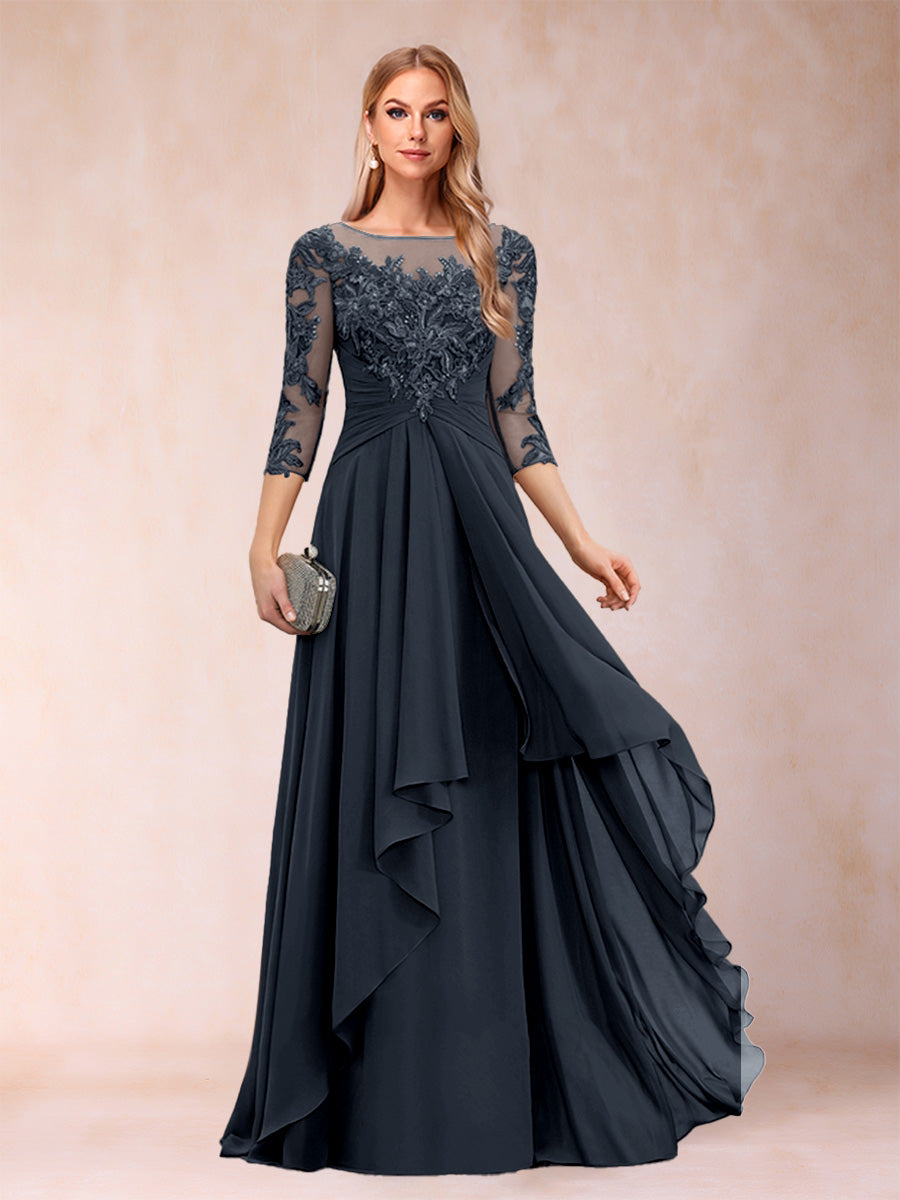A-Line/Princess Scoop 3/4 Sleeves Chiffon Mother of the Bride Dresses with Appliques &amp; Ruffles