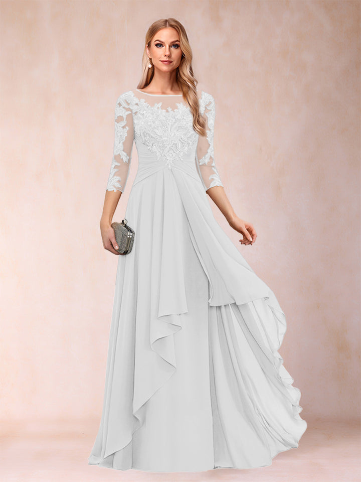 A-Line/Princess Scoop 3/4 Sleeves Chiffon Mother of the Bride Dresses with Appliques &amp; Ruffles