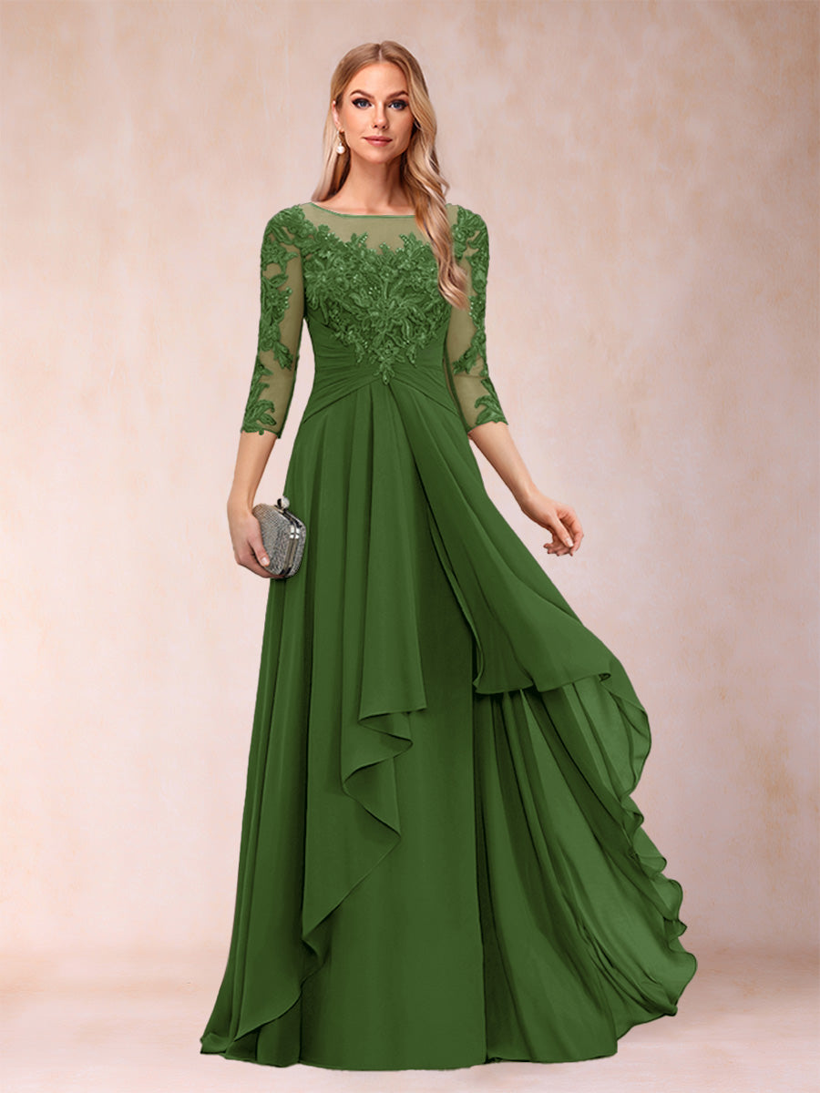 A-Line/Princess Scoop 3/4 Sleeves Chiffon Mother of the Bride Dresses with Appliques &amp; Ruffles