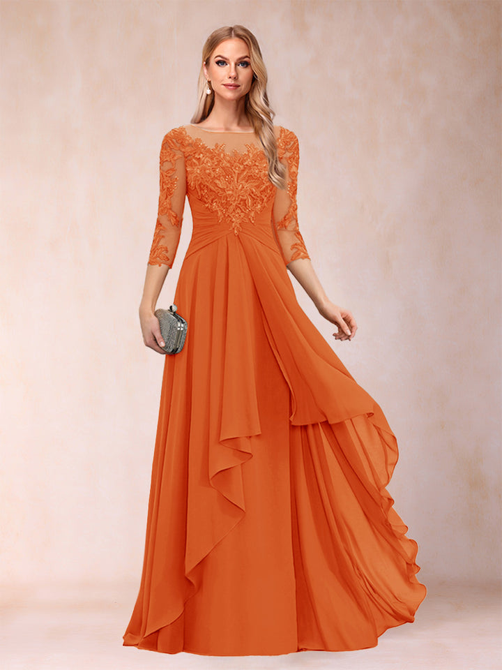 A-Line/Princess Scoop 3/4 Sleeves Chiffon Mother of the Bride Dresses with Appliques &amp; Ruffles