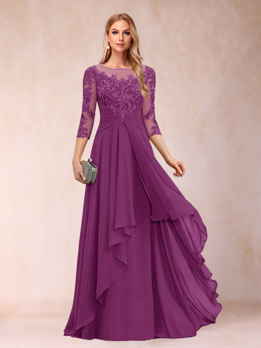 A-Line/Princess Scoop 3/4 Sleeves Chiffon Mother of the Bride Dresses with Appliques &amp; Ruffles