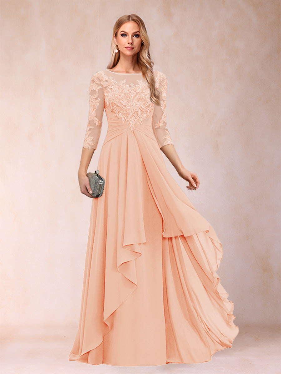 A-Line/Princess Scoop 3/4 Sleeves Chiffon Mother of the Bride Dresses with Appliques &amp; Ruffles