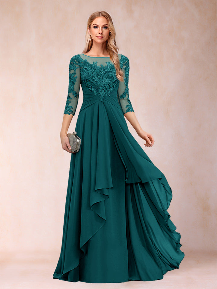 A-Line/Princess Scoop 3/4 Sleeves Chiffon Mother of the Bride Dresses with Appliques &amp; Ruffles