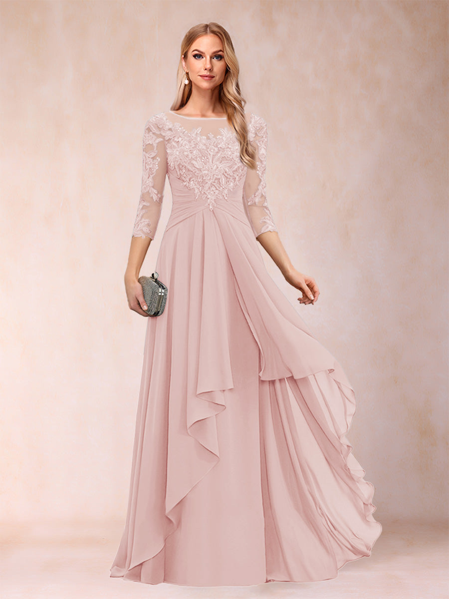 A-Line/Princess Scoop 3/4 Sleeves Chiffon Mother of the Bride Dresses with Appliques &amp; Ruffles