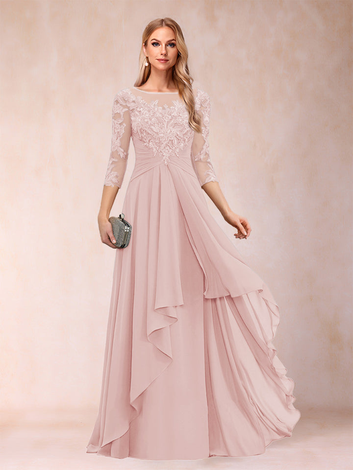 A-Line/Princess Scoop 3/4 Sleeves Chiffon Mother of the Bride Dresses with Appliques &amp; Ruffles