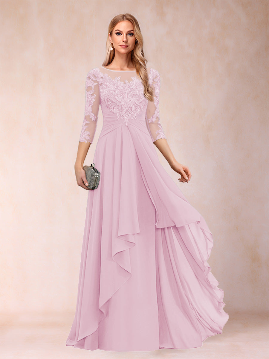 A-Line/Princess Scoop 3/4 Sleeves Chiffon Mother of the Bride Dresses with Appliques &amp; Ruffles