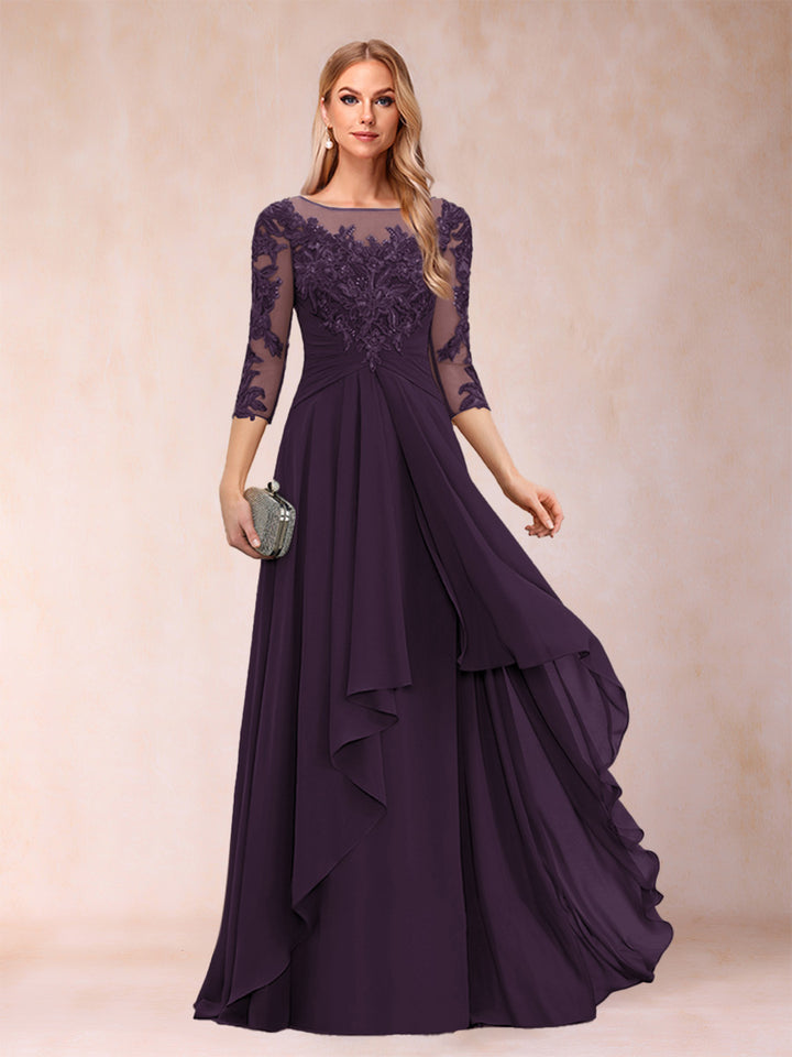 A-Line/Princess Scoop 3/4 Sleeves Chiffon Mother of the Bride Dresses with Appliques &amp; Ruffles