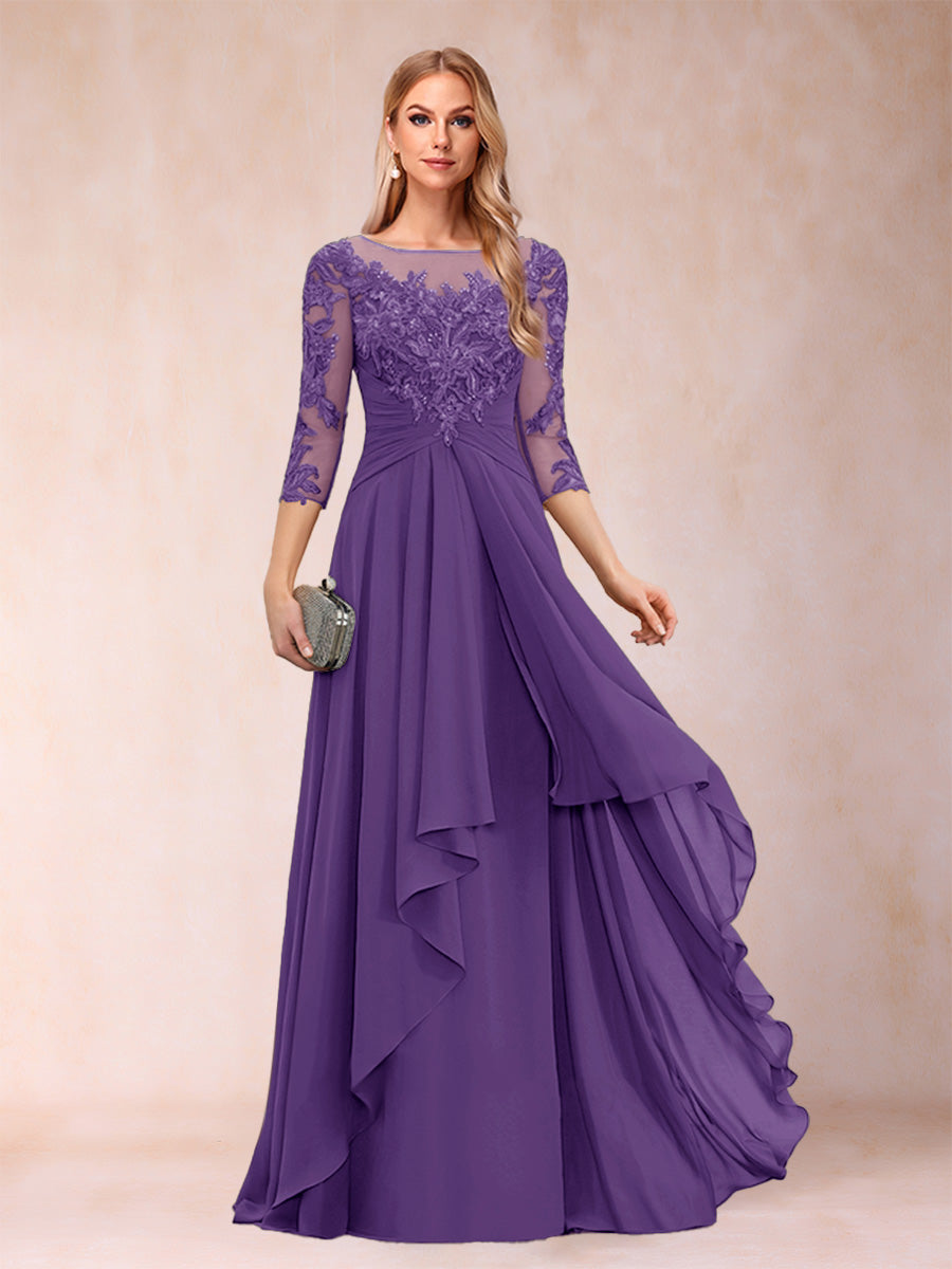 A-Line/Princess Scoop 3/4 Sleeves Chiffon Mother of the Bride Dresses with Appliques &amp; Ruffles