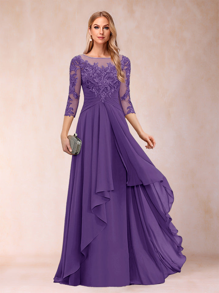 A-Line/Princess Scoop 3/4 Sleeves Chiffon Mother of the Bride Dresses with Appliques &amp; Ruffles