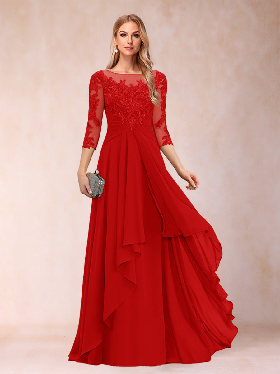 A-Line/Princess Scoop 3/4 Sleeves Chiffon Mother of the Bride Dresses with Appliques &amp; Ruffles