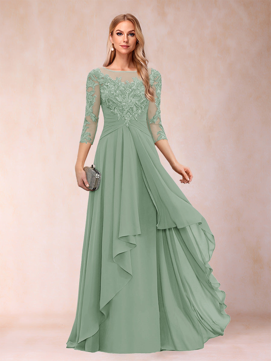 A-Line/Princess Scoop 3/4 Sleeves Chiffon Mother of the Bride Dresses with Appliques &amp; Ruffles
