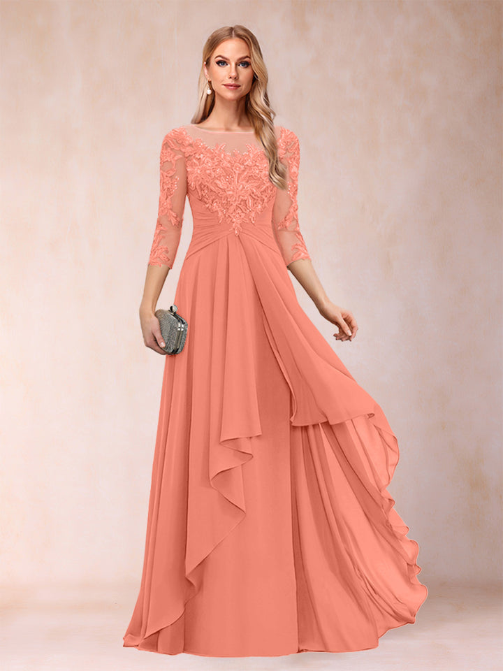 A-Line/Princess Scoop 3/4 Sleeves Chiffon Mother of the Bride Dresses with Appliques &amp; Ruffles