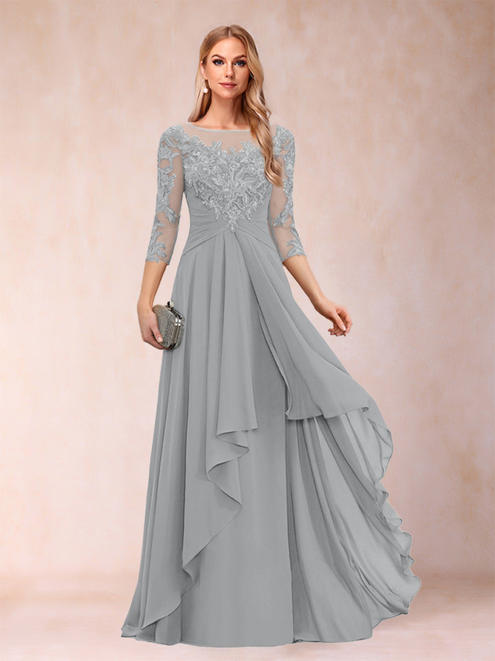 A-Line/Princess Scoop 3/4 Sleeves Chiffon Mother of the Bride Dresses with Appliques &amp; Ruffles